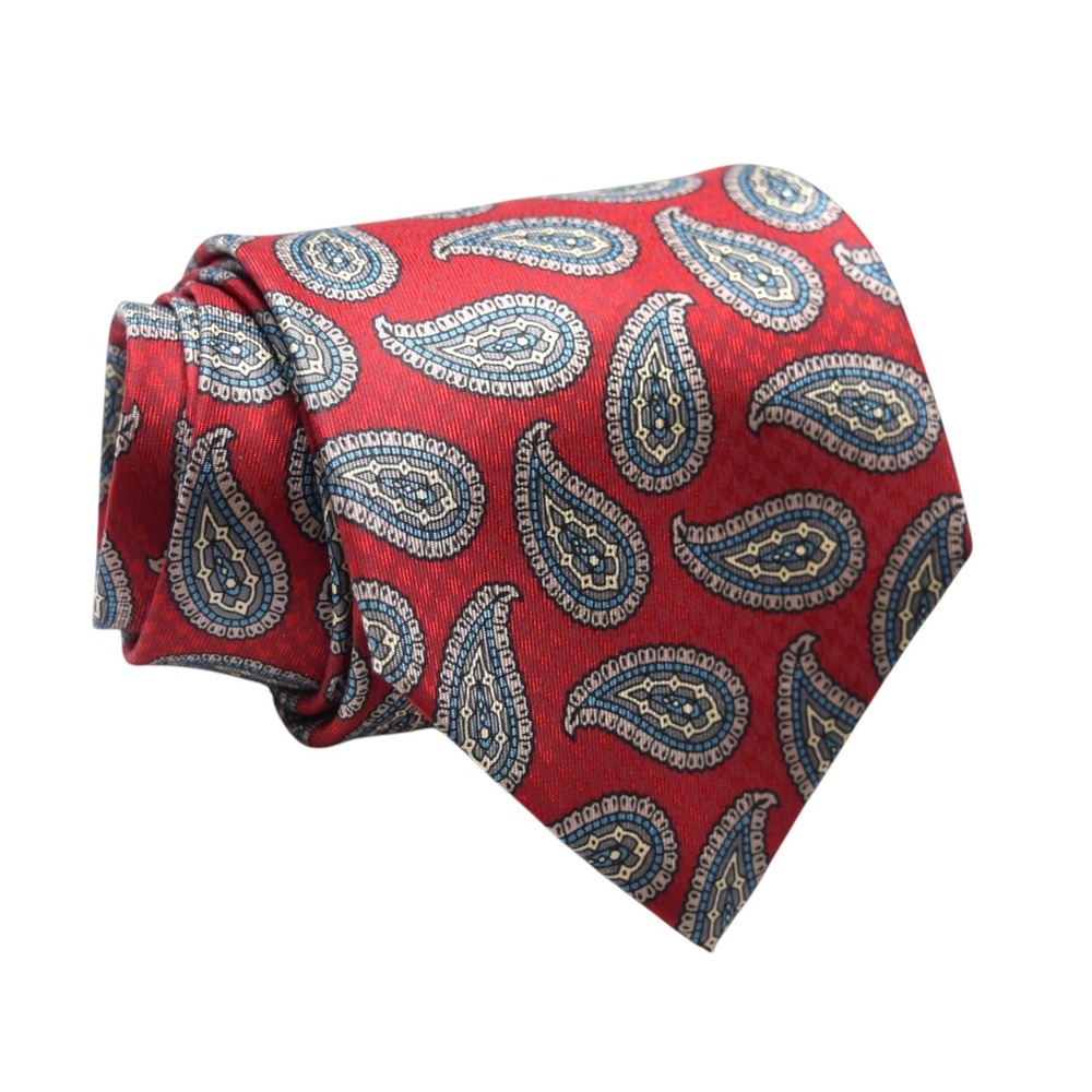 GANT Vintage Mens Silk Red Blue Paisley Classic Short Dress Necktie Made in USA